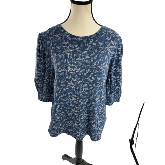 Lucky Brand Womens Size L Blue Floral Print Top Elbow Sleeve Boho Casual Shirt - Picture 1 of 6